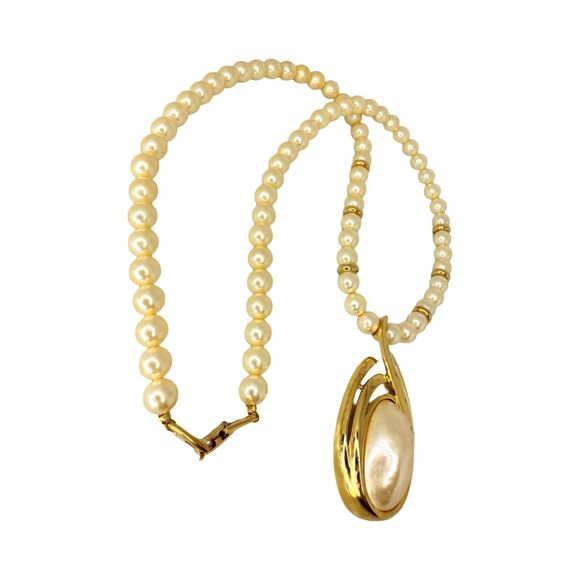 Vintage Napier Faux Pearl Gold Tone Pendant Necklace 24" - Picture 7 of 13